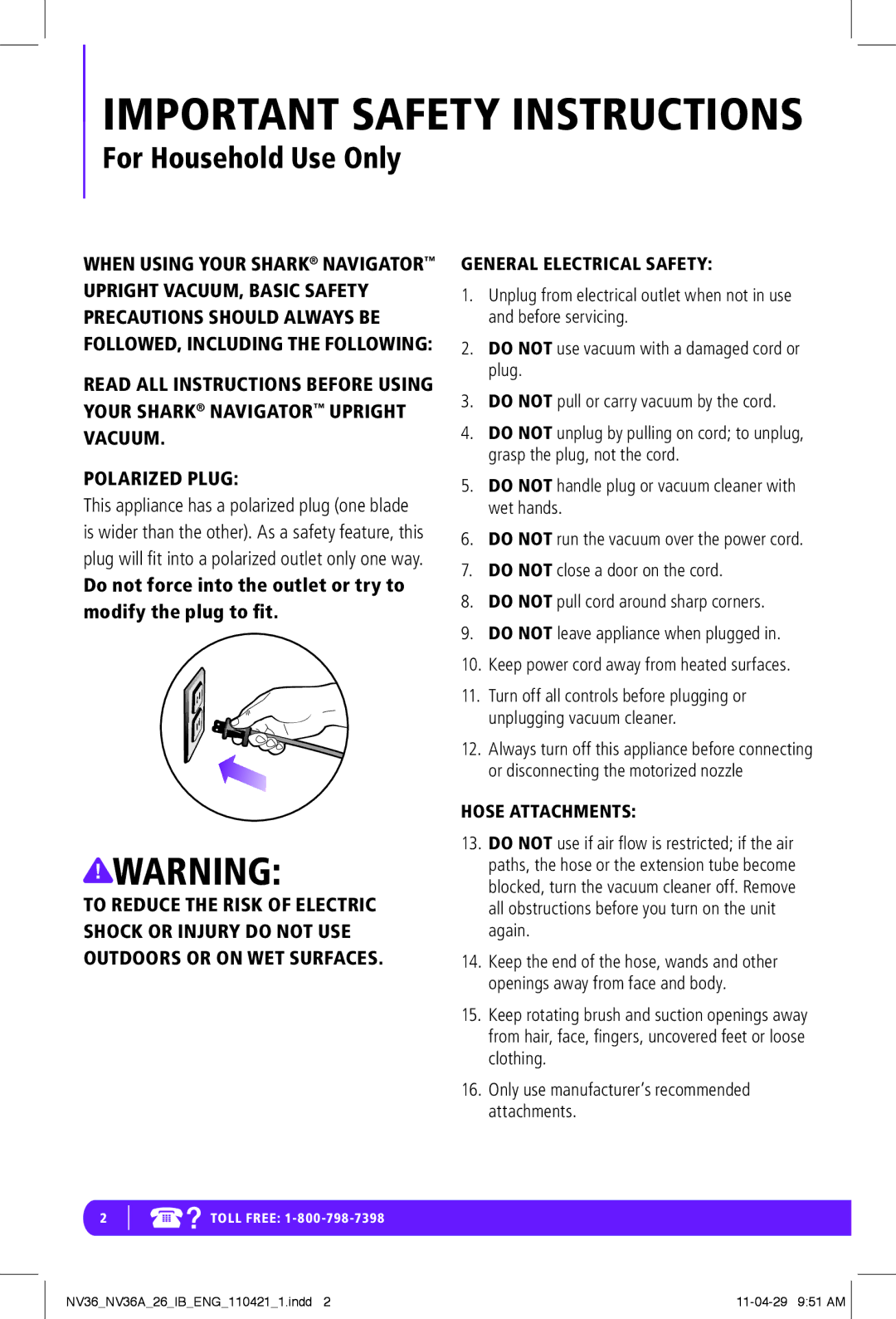 Shark NV36-26, NV36A-26 manual General Electrical Safety, Hose Attachments 