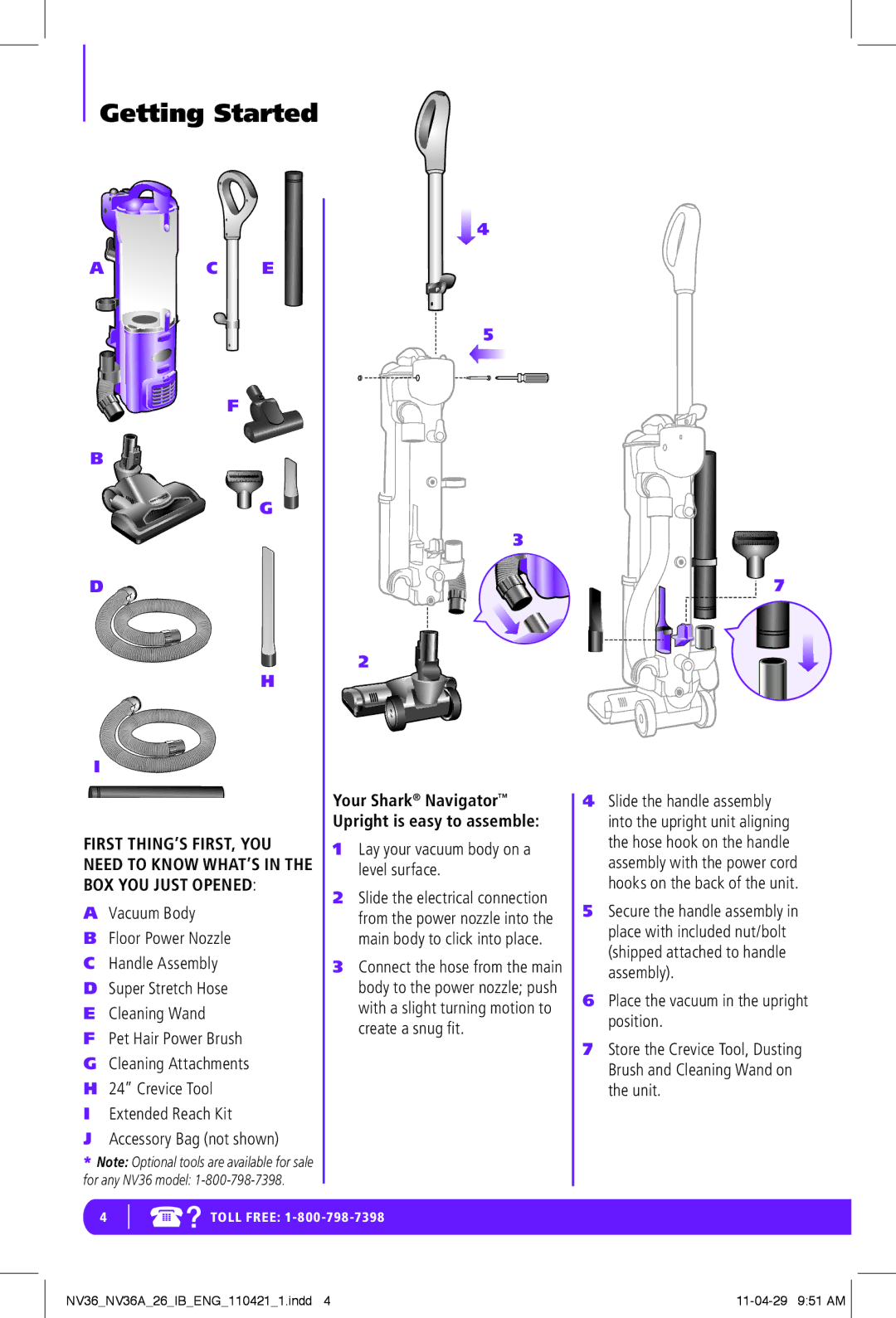 Shark NV36-26, NV36A-26 Getting Started, Lay your vacuum body on a level surface, Place the vacuum in the upright position 