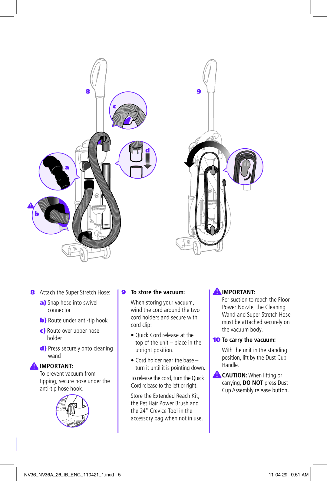 Shark NV36A-26, NV36-26 manual To store the vacuum, To carry the vacuum 