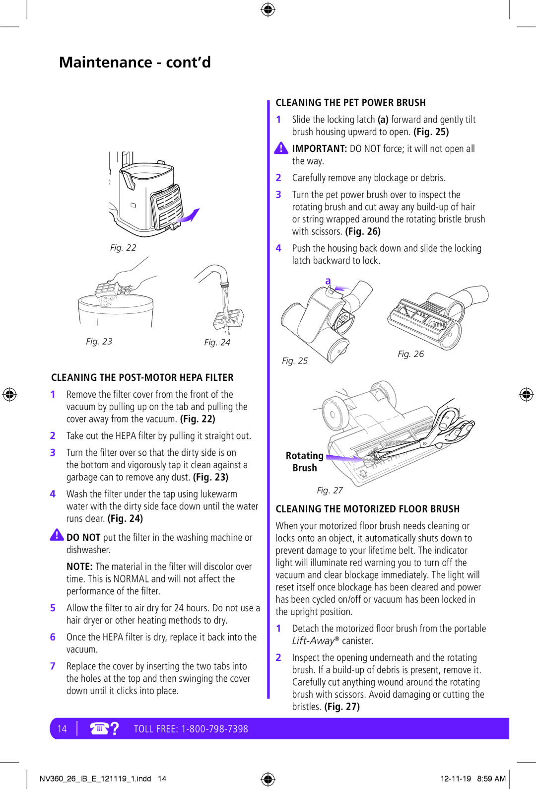 Shark NV360 manual Maintenance cont’d, Cleaning the PET Power Brush, Cleaning the POST-MOTOR Hepa Filter 