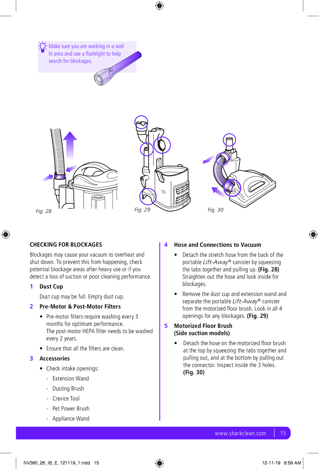 Shark NV360 manual Checking for Blockages, Pre-Motor & Post-Motor Filters 