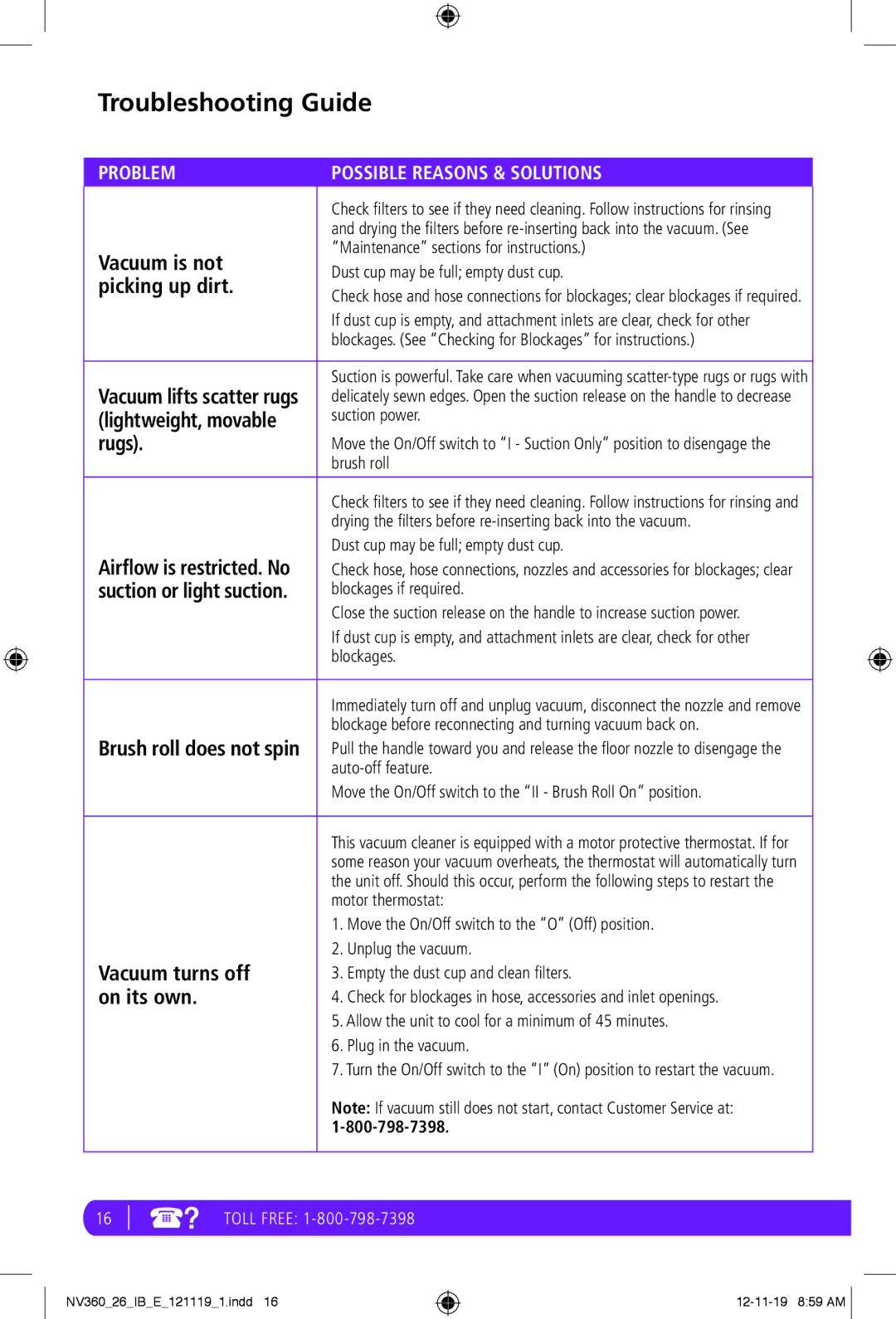 Shark NV360 manual Troubleshooting Guide, Problem Possible Reasons & Solutions 