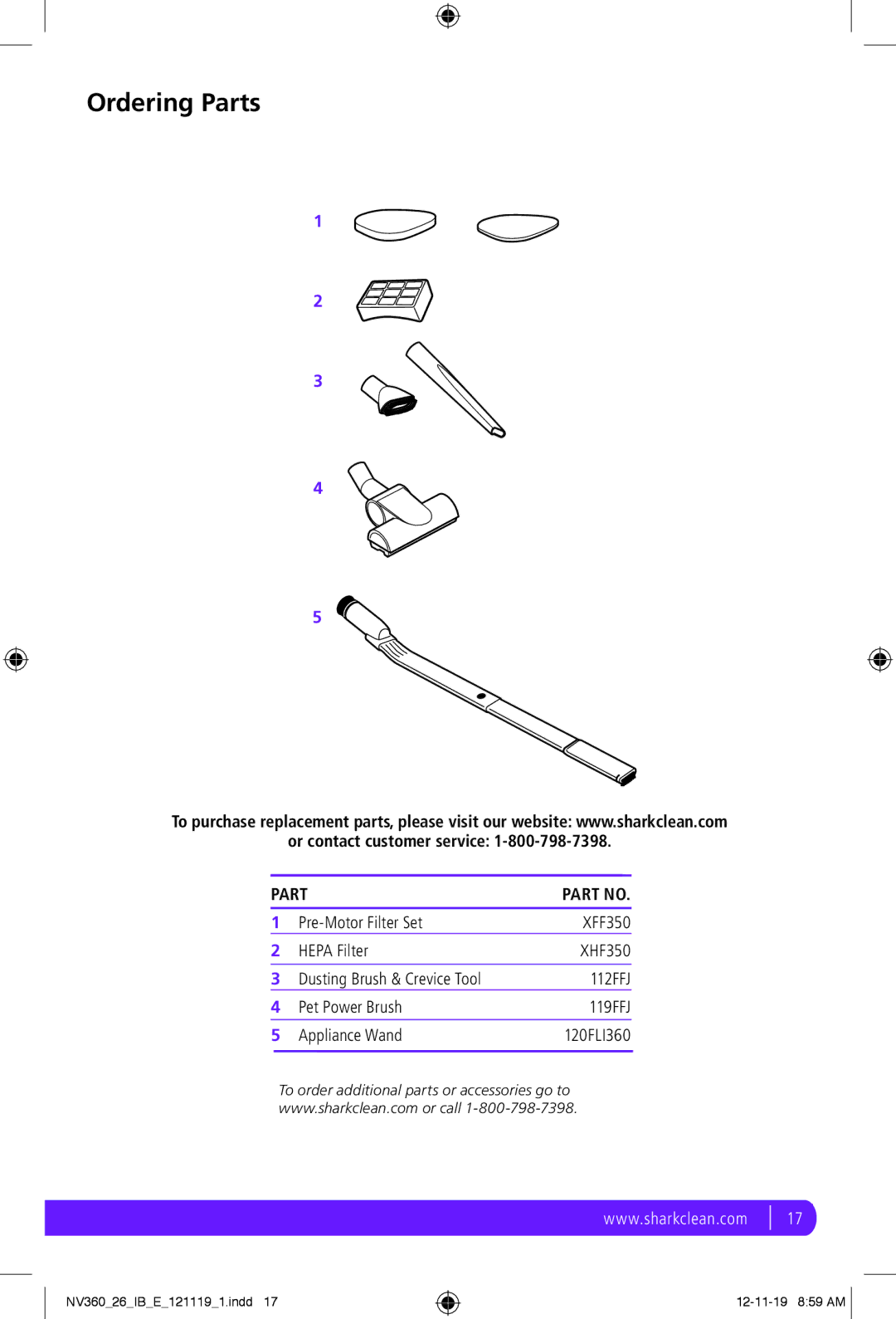 Shark NV360 manual Ordering Parts 