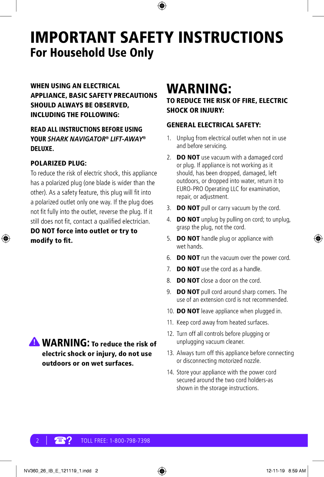 Shark NV360 manual Important Safety Instructions 