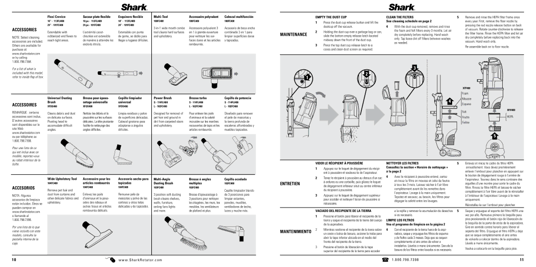 Shark NV400-FS manual Accessories, Accessoires, Accesorios, Maintenance, Mantenimiento 