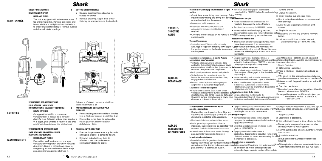 Shark NV400-FS manual Maintenance, Trouble, Shooting, Guide DE, Dépannage, Entretien 