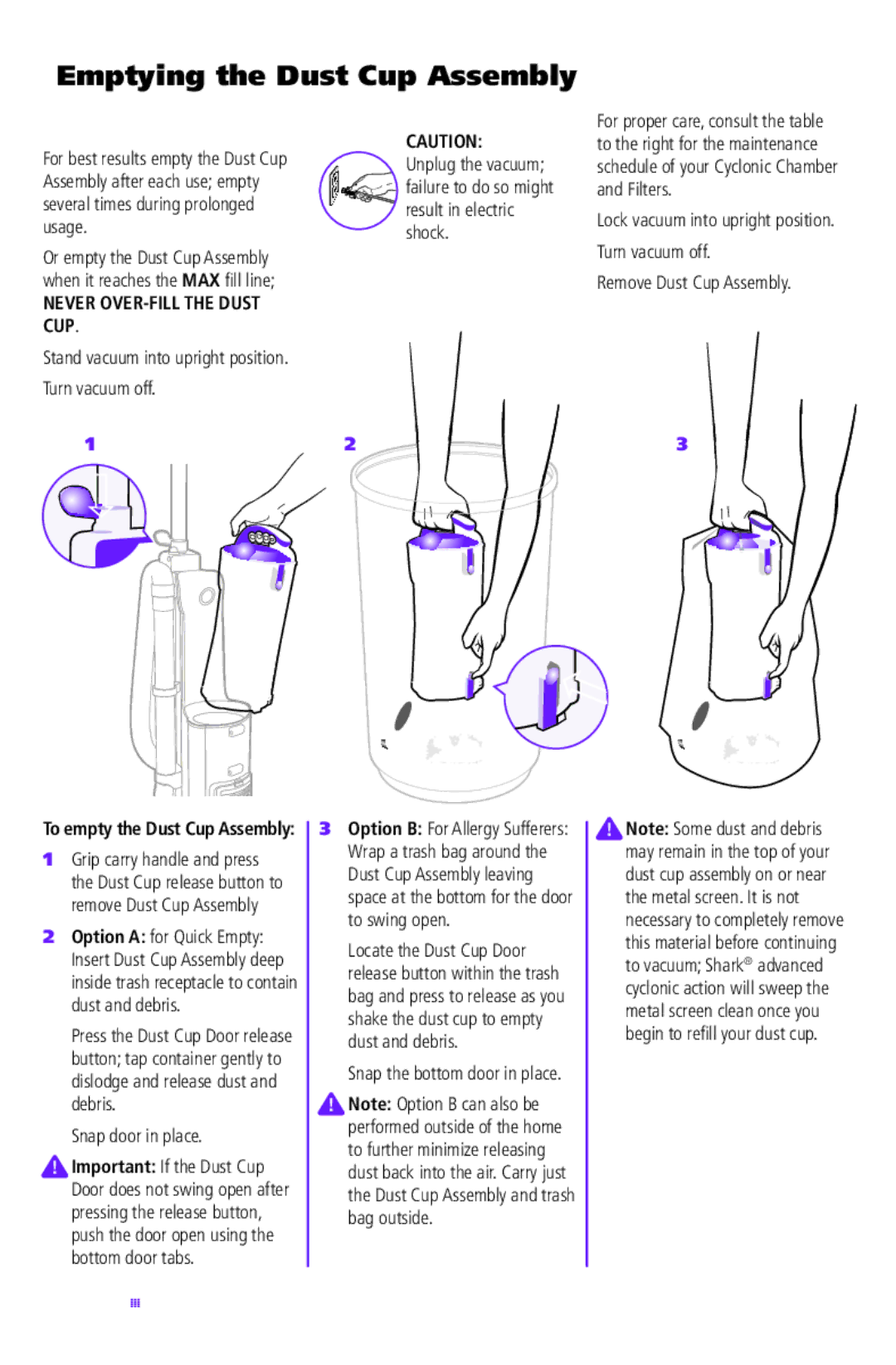 Shark NV42 Emptying the Dust Cup Assembly, Never OVER-FILL the Dust CUP, Option a for Quick Empty, Snap door in place 