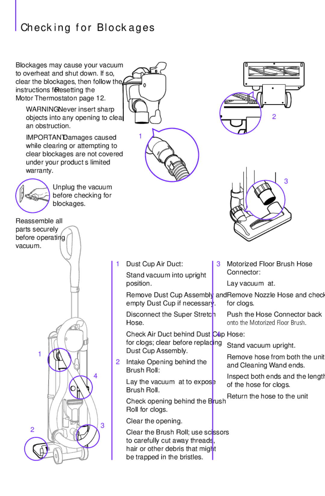 Shark NV42 manual Checking for Blockages, Dust Cup Air Duct, Intake Opening behind the Brush Roll, Hose 