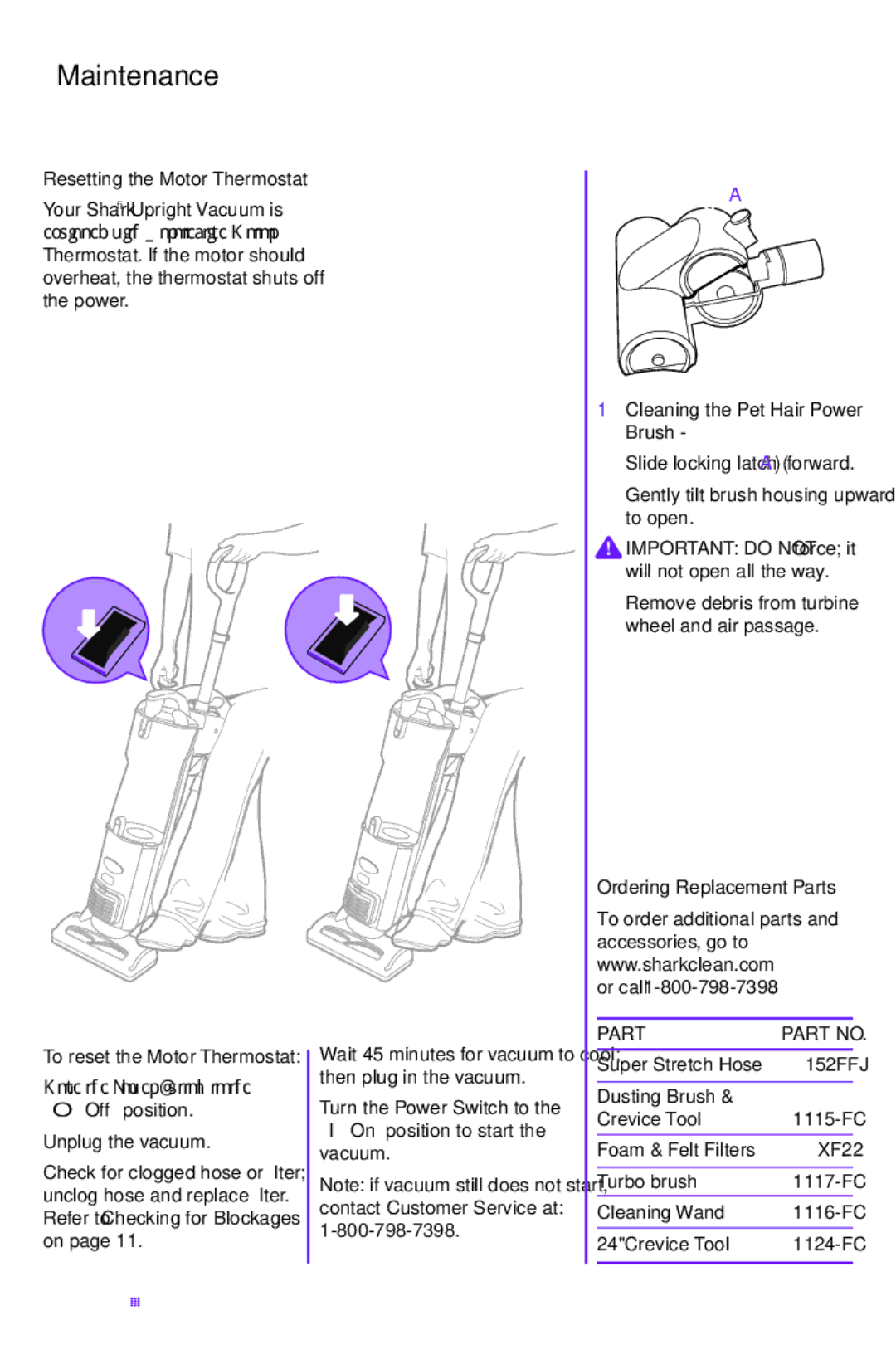 Shark NV42 manual Maintenance, Resetting the Motor Thermostat, Cleaning the Pet Hair Power Brush, Part 