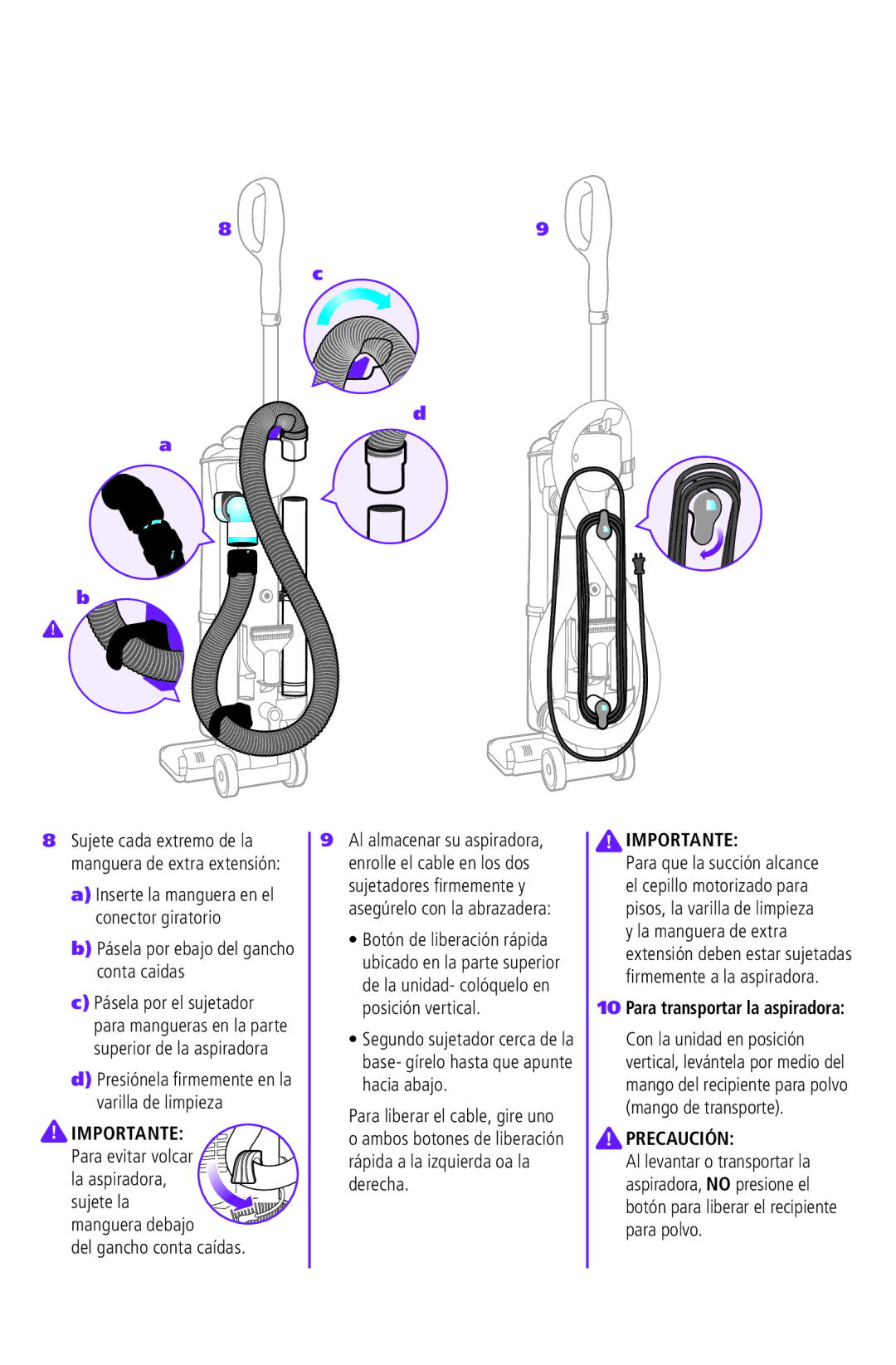 Shark NV42 manual Pásela por ebajo del gancho conta caidas, Presiónela firmemente en la varilla de limpieza, Importante 