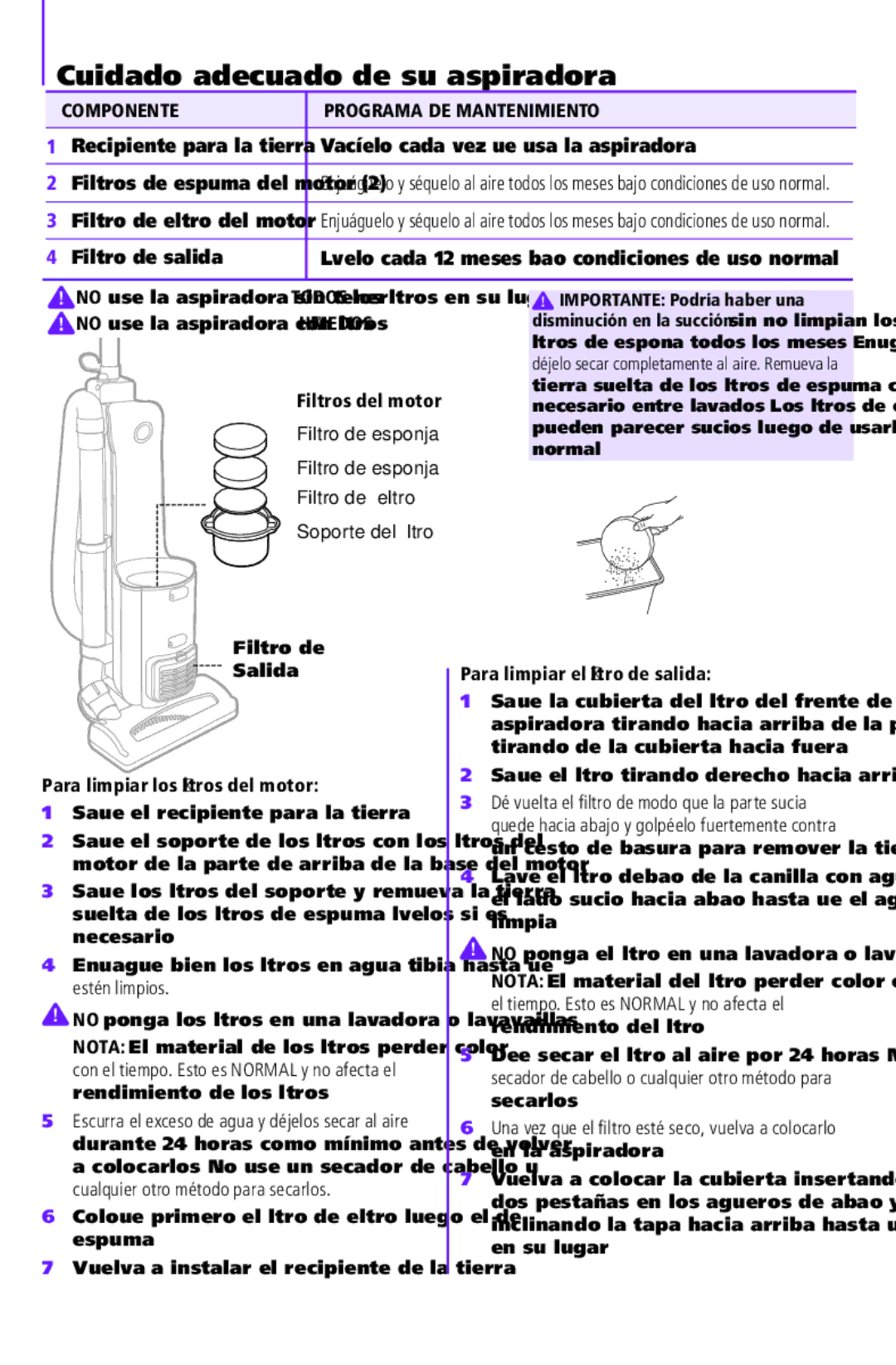 Shark NV42 manual Cuidado adecuado de su aspiradora, Componente Programa DE Mantenimiento, Filtros del motor 