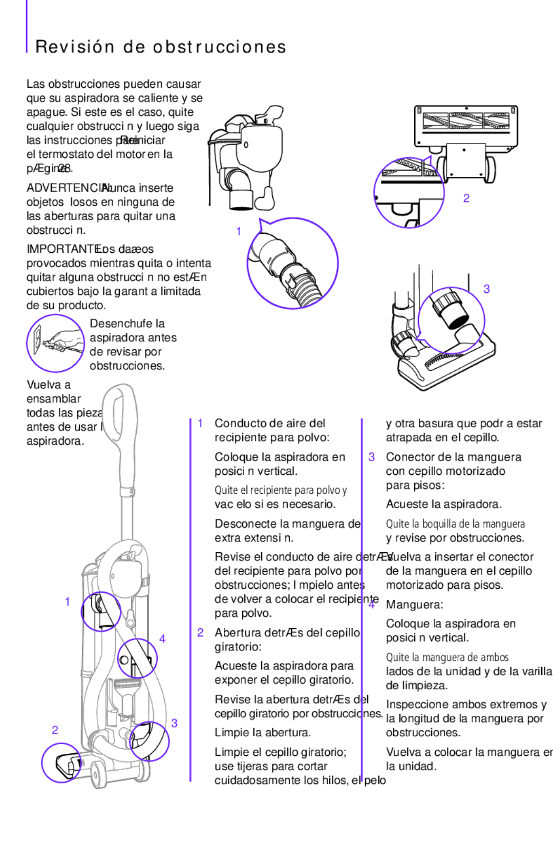 Shark NV42 manual Revisión de obstrucciones, Abertura detrás del cepillo giratorio, Manguera 