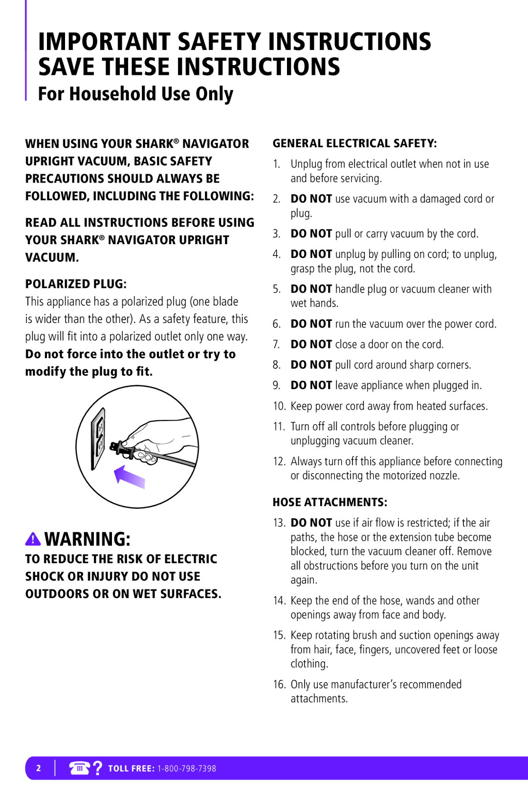 Shark NV42 manual General Electrical Safety, Hose Attachments 