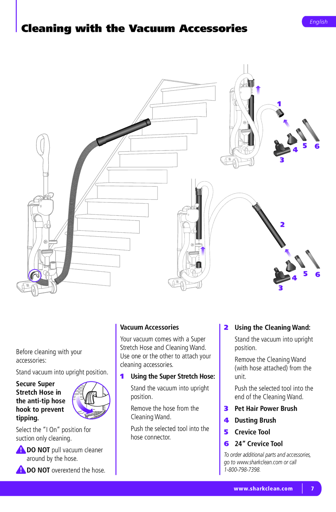 Shark NV42 Cleaning with the Vacuum Accessories, Using the Cleaning Wand, Pet Hair Power Brush Dusting Brush Crevice Tool 