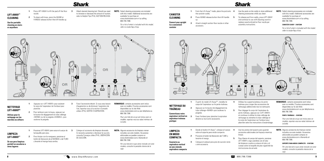 Shark NV501 manual Cleaning, Canister, Nettoyage, Lift-Awaymc, Traîneau, Limpieza LIFT-AWAY, EN Modo, Compacta 