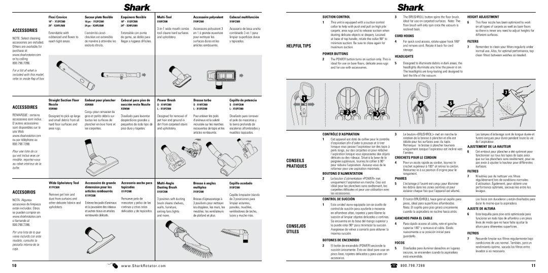 Shark NV501 manual Accessories, Helpful Tips, Accessoires, Accesorios, Conseils, Pratiques, Consejos, Útiles 