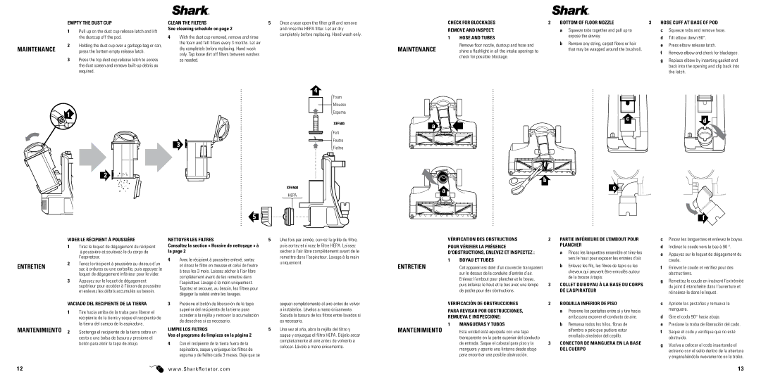 Shark NV501 manual Maintenance, Entretien, Mantenimiento 