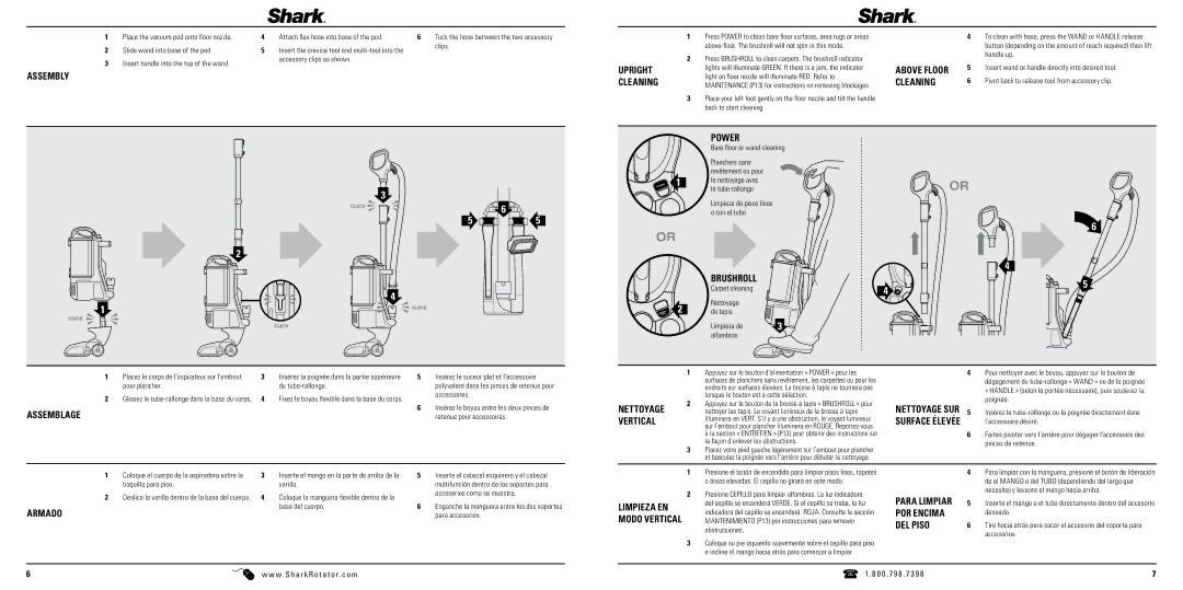 Shark NV502-FS manual Assembly, Upright, Cleaning, Power, Brushroll, Nettoyage, Vertical, Limpieza EN, POR Encima, DEL Piso 