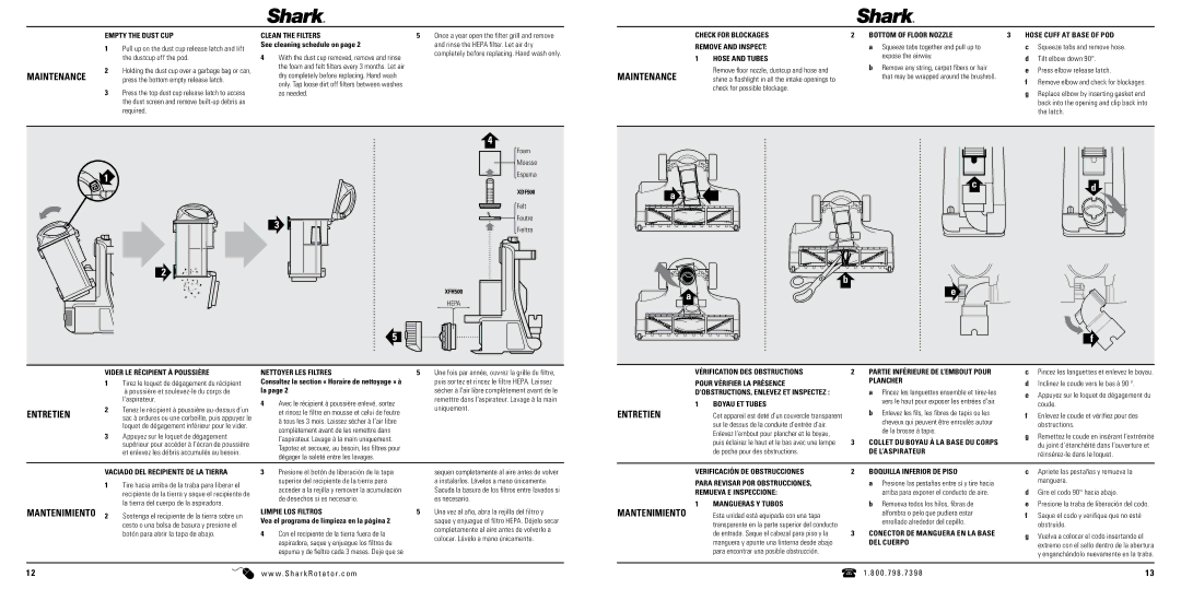 Shark NV502-FS manual Maintenance, Entretien, Mantenimiento 