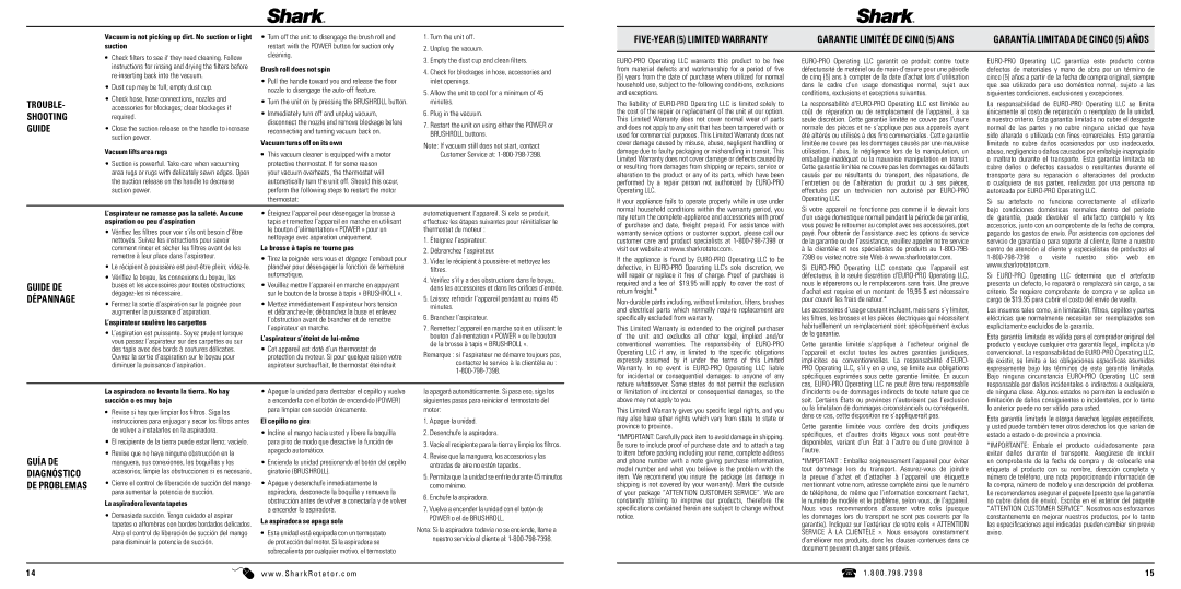 Shark NV502-FS FIVE-YEAR 5 Limited Warranty Garantie Limitée DE Cinq 5 ANS, Trouble, Shooting, Guide DE, Dépannage 