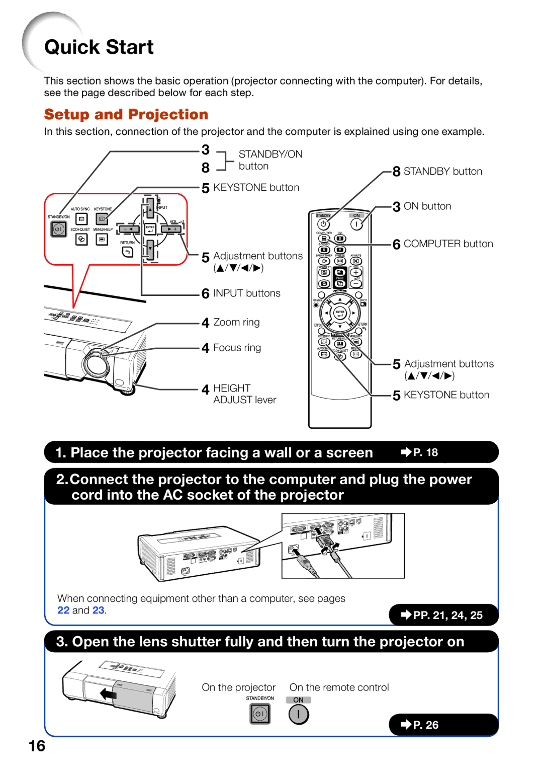 Shark PG-D4010X quick start Quick Start, Setup and Projection 