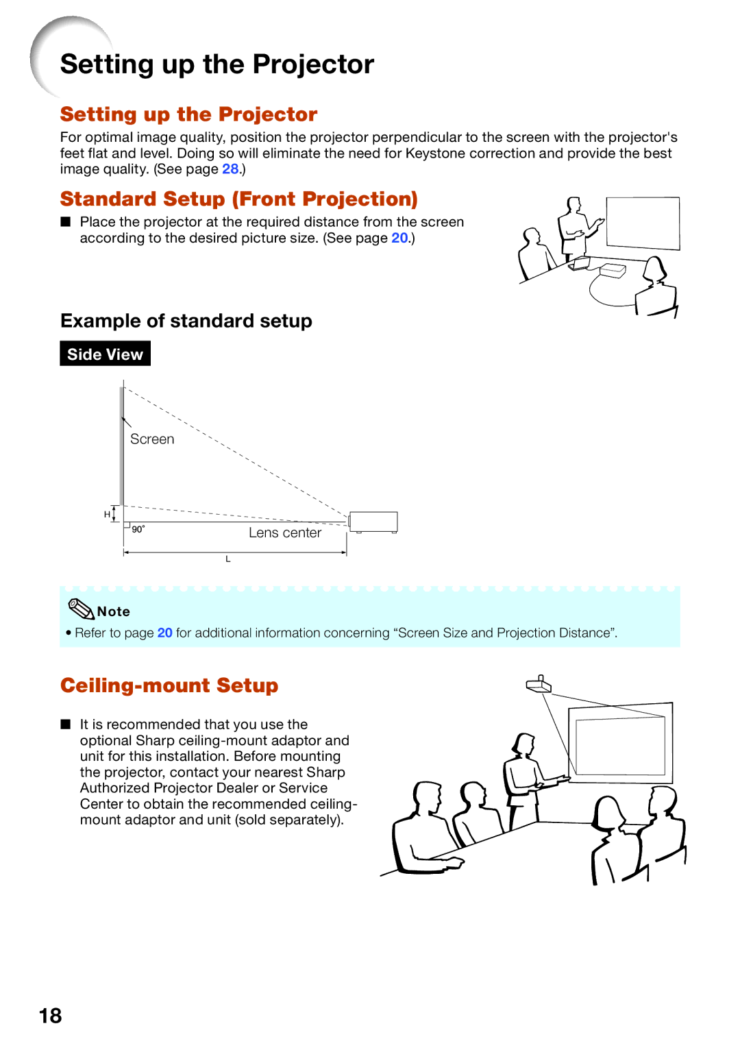 Shark PG-D4010X quick start Setting up the Projector, Standard Setup Front Projection, Ceiling-mount Setup, Side View 