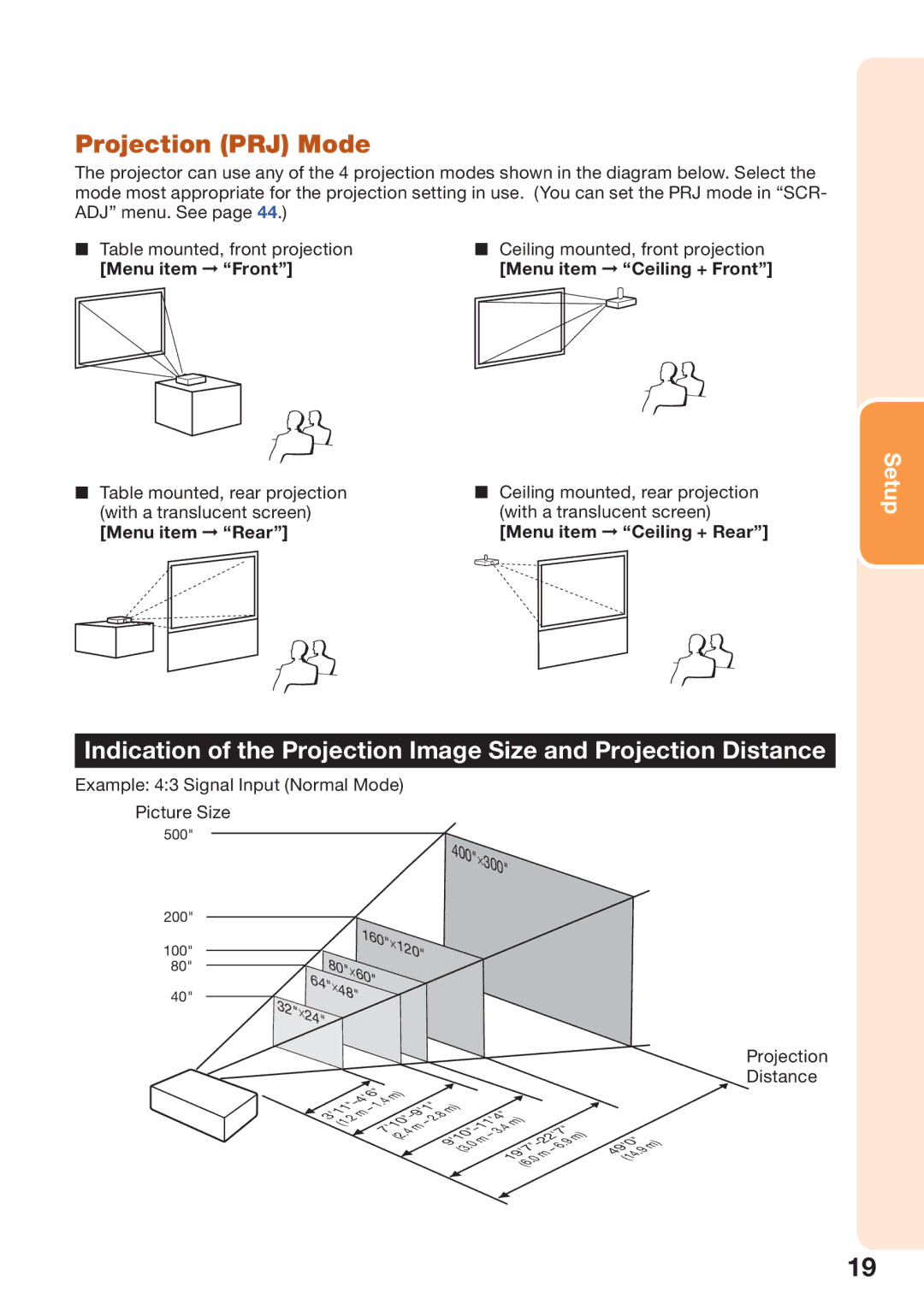 Shark PG-D4010X quick start Projection PRJ Mode, Example 43 Signal Input Normal Mode Picture Size, 120, Projection Distance 