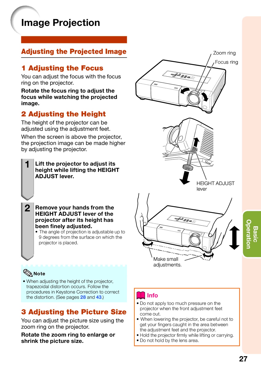 Shark PG-D4010X quick start Image Projection, Adjusting the Projected Image Adjusting the Focus, Adjusting the Height 