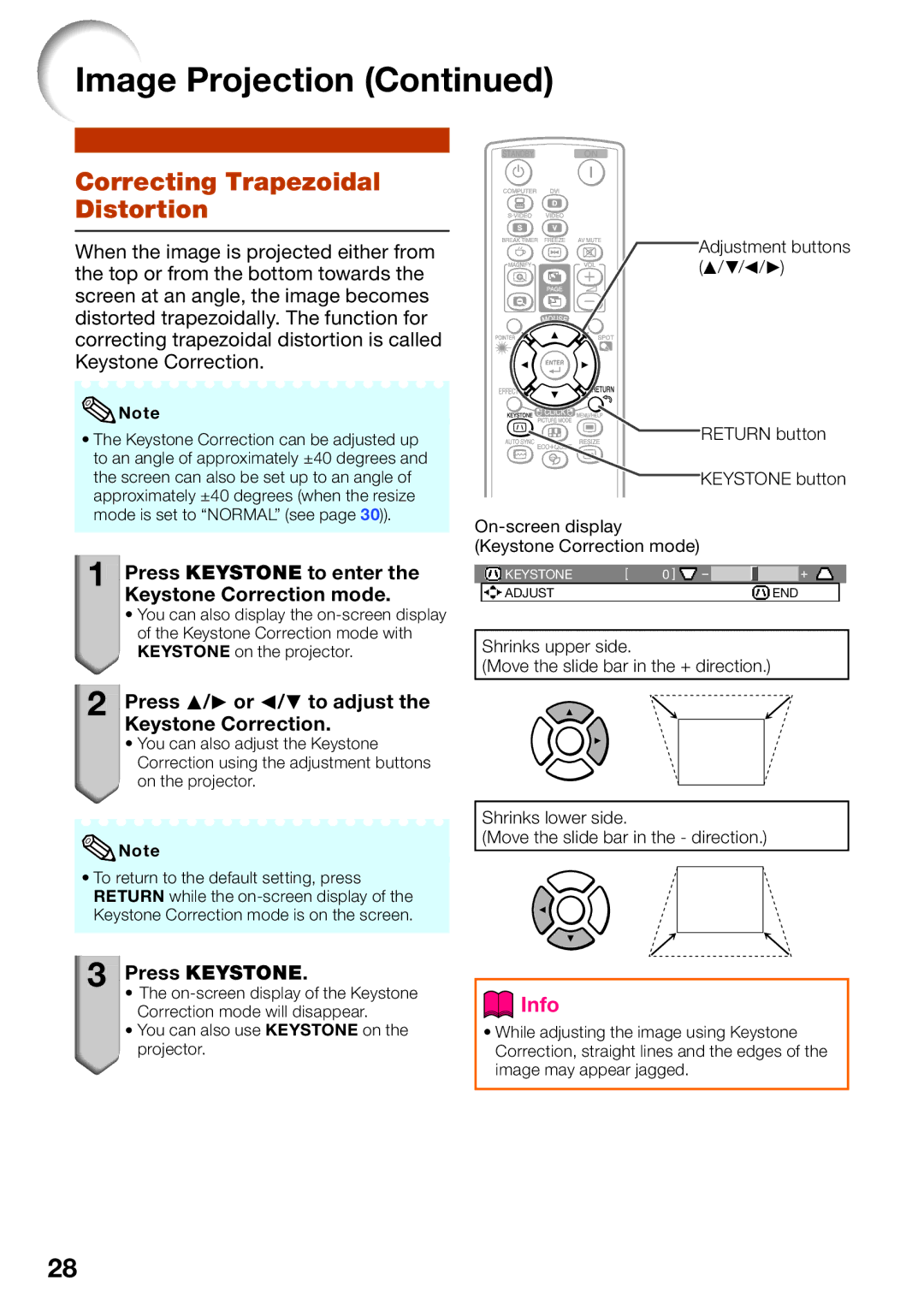 Shark PG-D4010X quick start Correcting Trapezoidal Distortion, Press Keystone to enter the Keystone Correction mode 