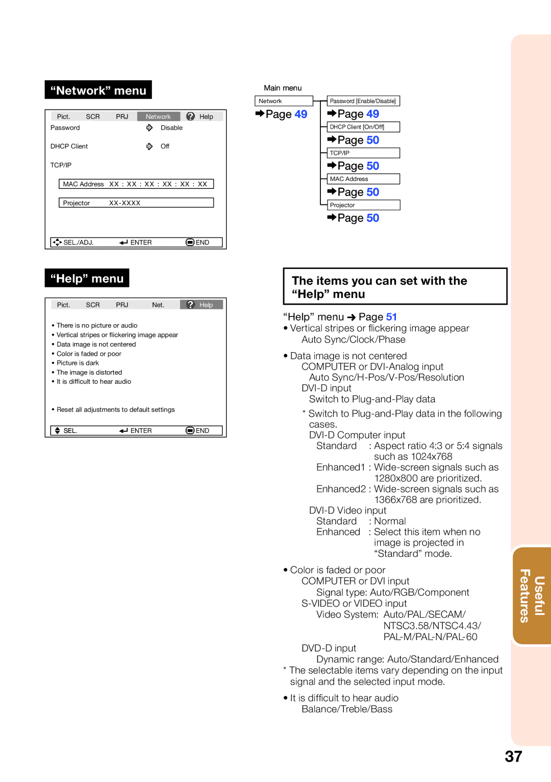 Shark PG-D4010X quick start Network menu, Items you can set with the Help menu, Help menu n 