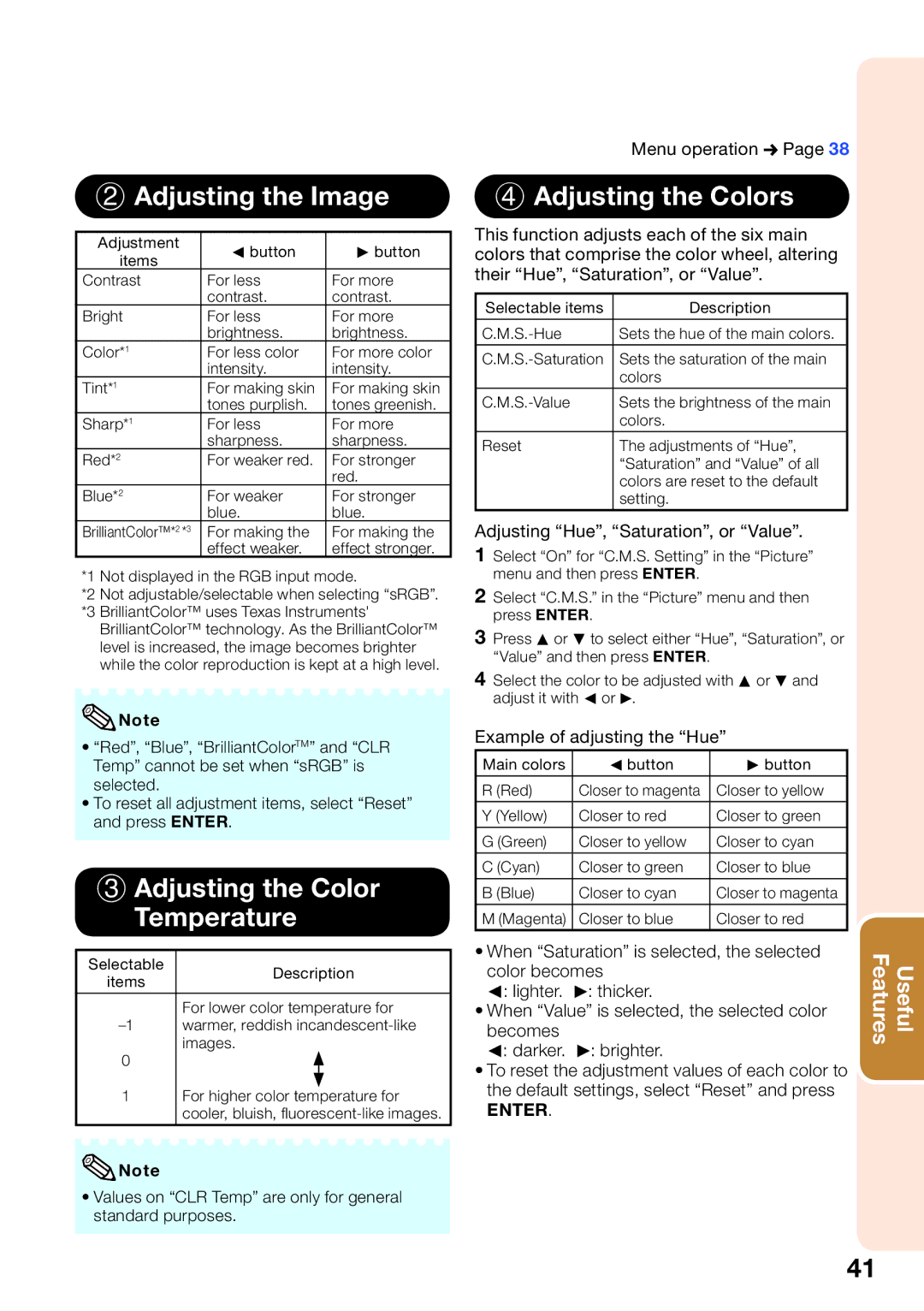 Shark PG-D4010X Adjusting the Image, Adjusting the Color Temperature, Adjusting the Colors, Example of adjusting the Hue 