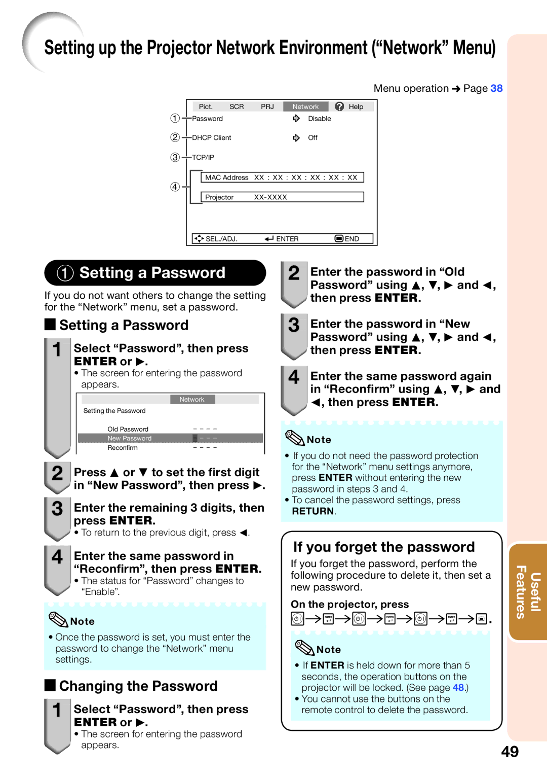 Shark PG-D4010X quick start Setting a Password, Select Password, then press Enter or Q, On the projector, press 