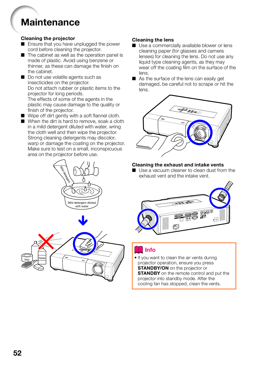 Shark PG-D4010X quick start Maintenance, Cleaning the projector, Cleaning the lens, Cleaning the exhaust and intake vents 