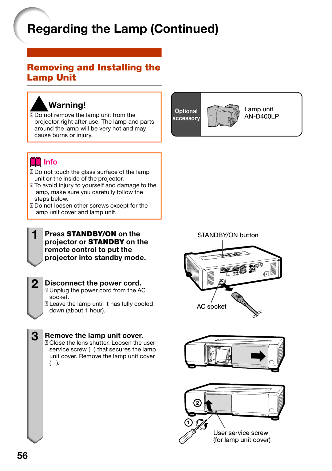 Shark PG-D4010X quick start Removing and Installing the Lamp Unit, Remove the lamp unit cover, Lamp unit, AN-D400LP 