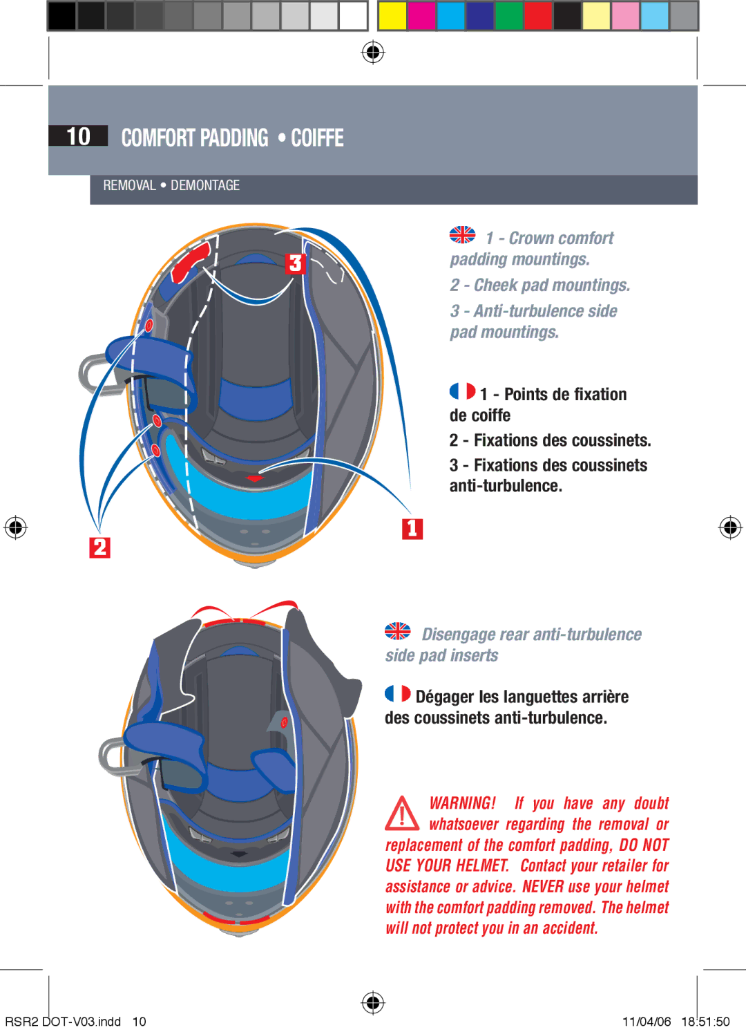 Shark RSR2 owner manual Comfort padding Coiffe, Points de fixation de coiffe Fixations des coussinets 