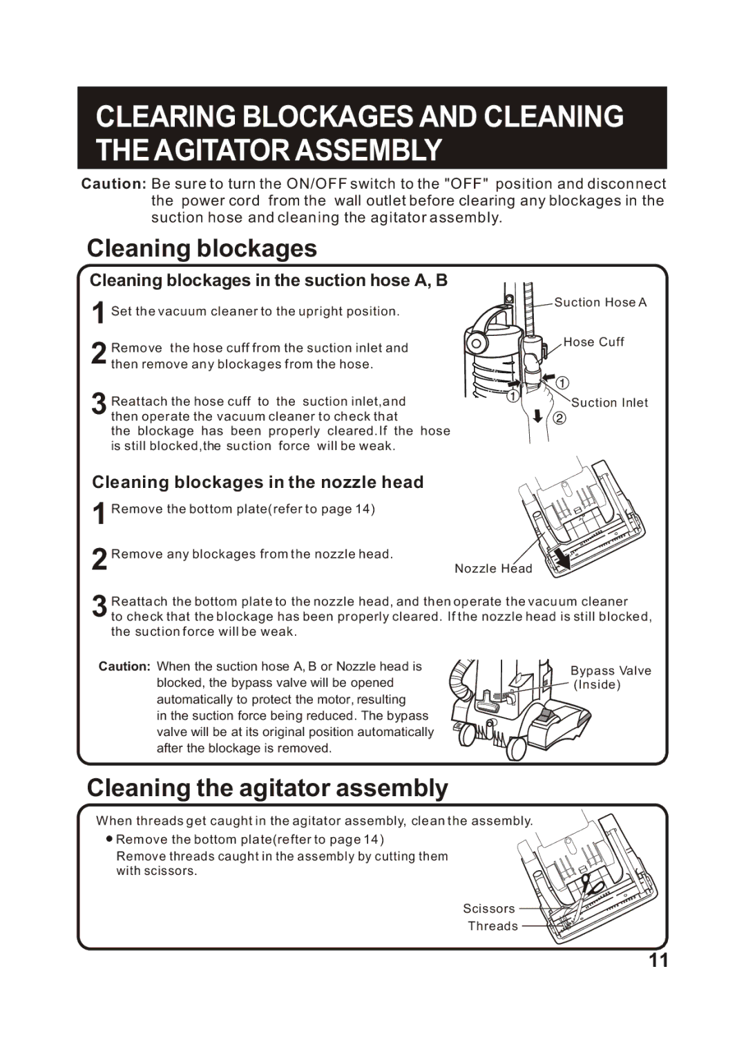 Shark S1215C instruction manual Clearing Blockages and Cleaning the Agitator Assembly 