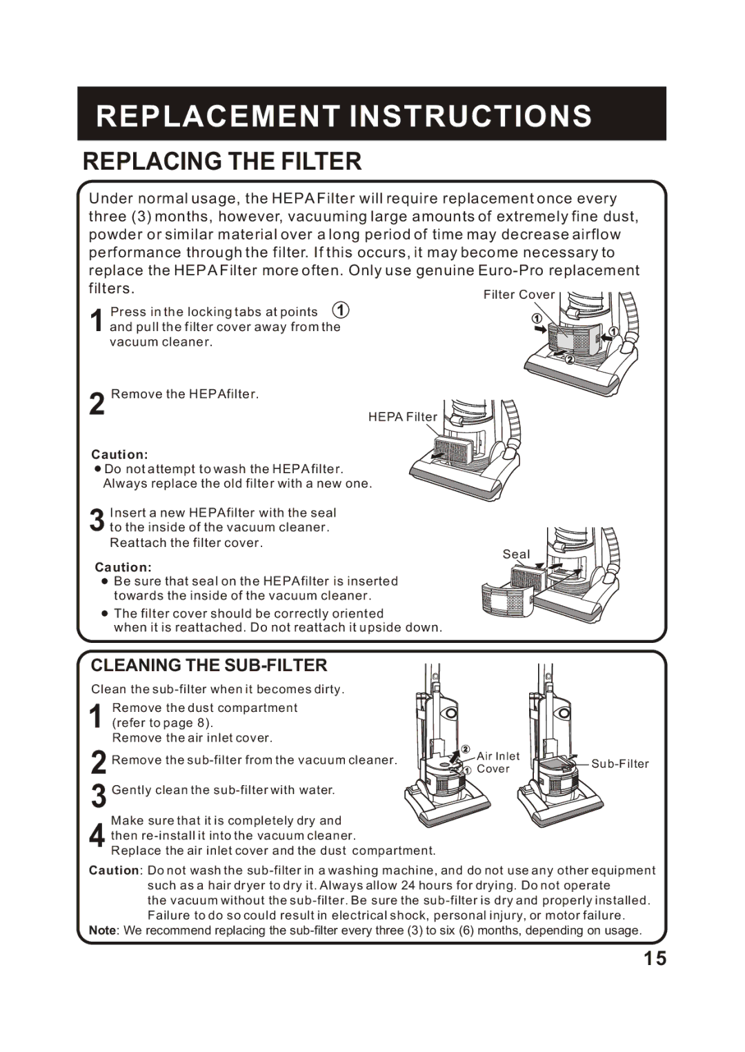 Shark S1215C instruction manual Replacing the Filter, Cleaning the SUB-FILTER 