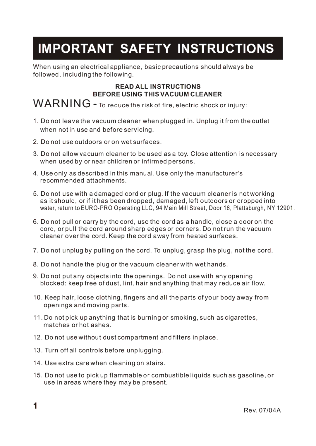 Shark S1215C instruction manual Important Safety Instructions, Read ALL Instructions Before Using this Vacuum Cleaner 