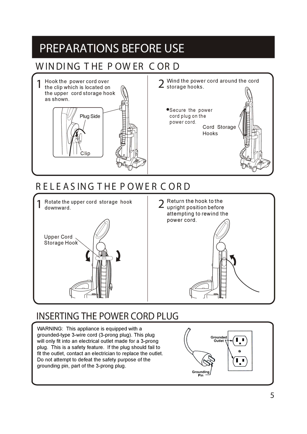 Shark S1215C instruction manual DI NG T HE P OW ER C or D, Inserting the Power Cord Plug 