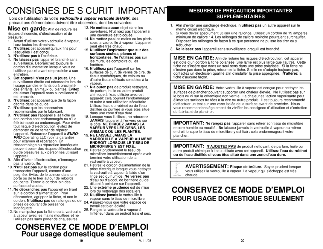 Shark S3101W N Conservez CE Mode D’EMPLOI, Mesures DE Précaution Importantes Supplémentaires, ’utilisez pas à l’extérieur 