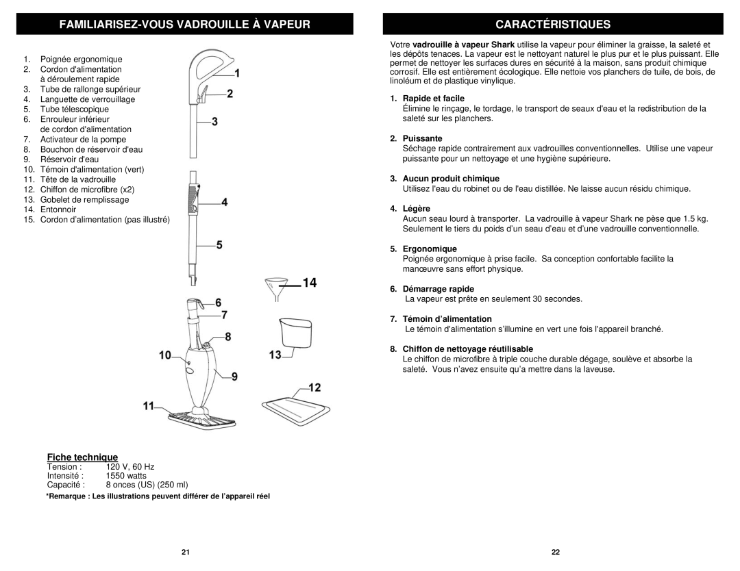 Shark S3101 N, S3101W N owner manual FAMILIARISEZ-VOUS Vadrouille À Vapeur, Caractéristiques, Fiche technique 