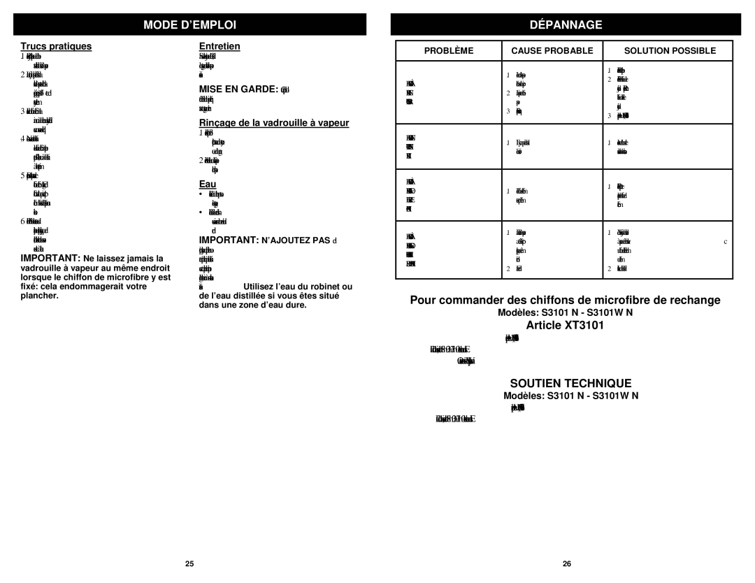 Shark S3101 N, S3101W N owner manual Mode D’EMPLOI Dépannage, Soutien Technique 