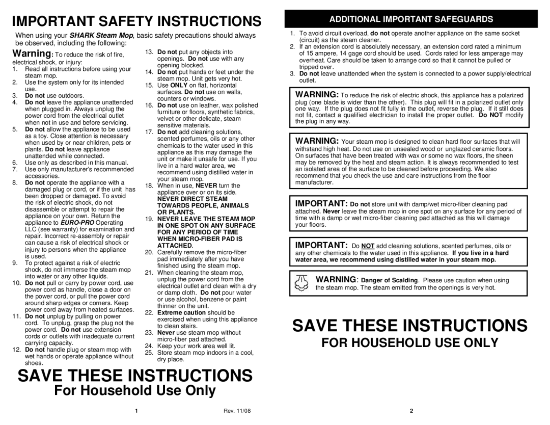 Shark S3101 N, S3101W N owner manual Important Safety Instructions, Additional Important Safeguards 