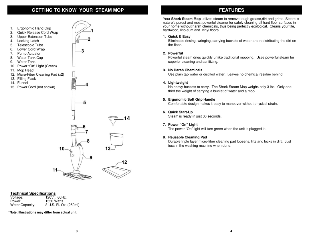 Shark S3101W N, S3101 N owner manual Getting to Know Your Steam MOP, Features, Technical Specifications 