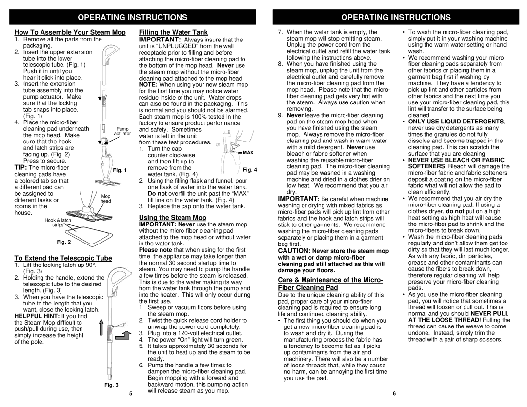 Shark S3101 N Operating Instructions, How To Assemble Your Steam Mop, To Extend the Telescopic Tube, Using the Steam Mop 