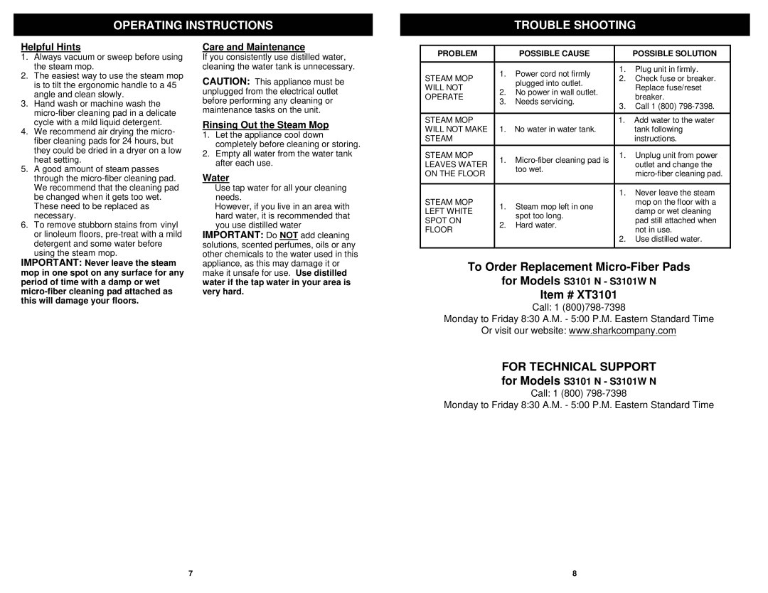 Shark S3101W N, S3101 N owner manual Operating Instructions Trouble Shooting 