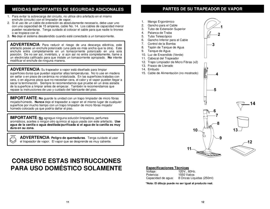 Shark S3101W N Medidas Importantes DE Seguridad Adicionales, Partes DE SU Trapeador DE Vapor, Especificaciones Técnicas 