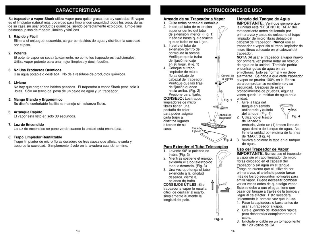 Shark S3101 N Características Instrucciones DE USO, Armado de su Trapeador a Vapor, Para Extender el Tubo Telescópico 