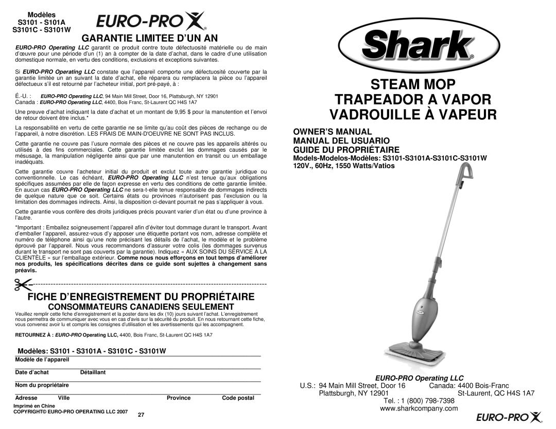 Shark S3101C, S3101W owner manual Steam MOP Trapeador a Vapor Vadrouille À Vapeur, Consommateurs Canadiens Seulement 