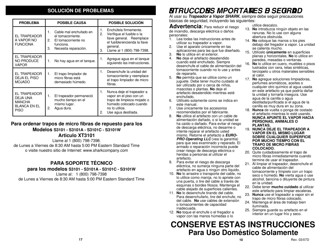 Shark S3101A, S3101C, S3101W Conserve Estas Instrucciones, Instrucciones Importantes DE Seguridad, Solución DE Problemas 